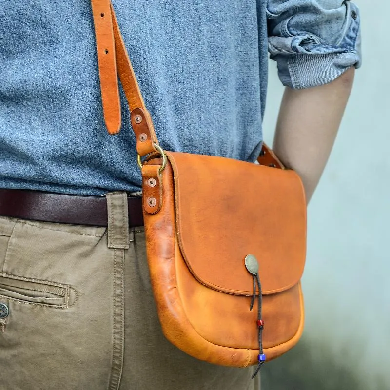 Tan Casual Handmade Mens 8 inches Small Side Bag Messenger Bag Coffee Courier Bag For Men