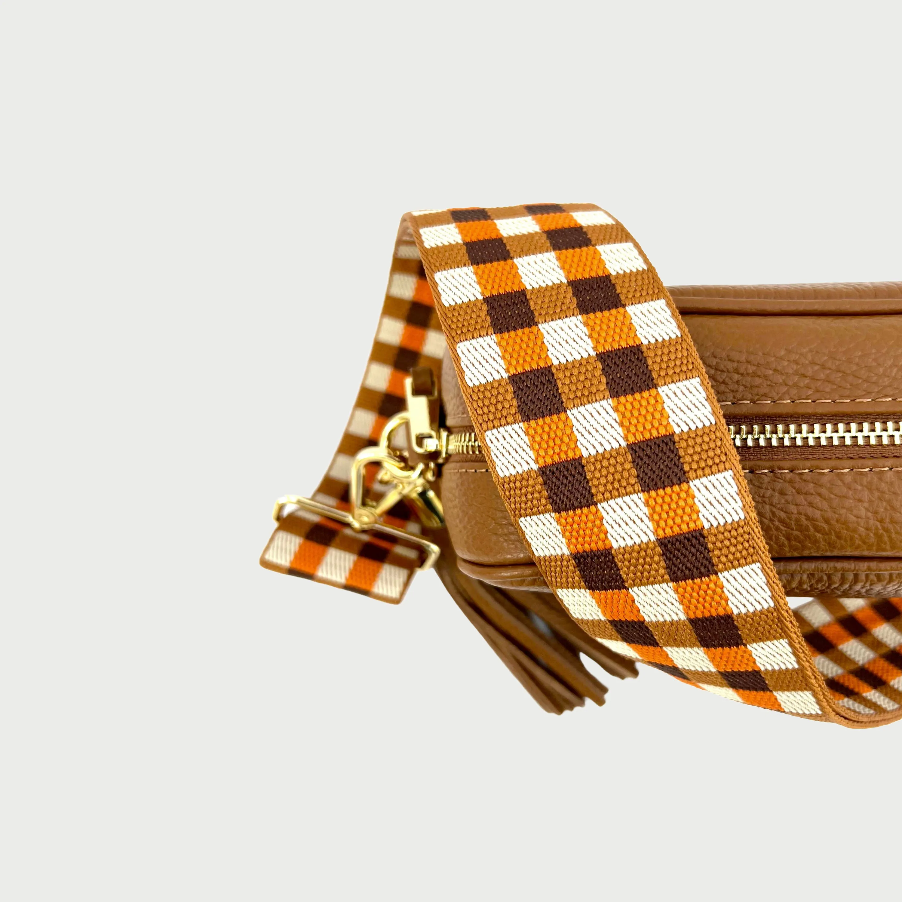 Tan Leather Crossbody Bag With Orange & Tan Check Strap