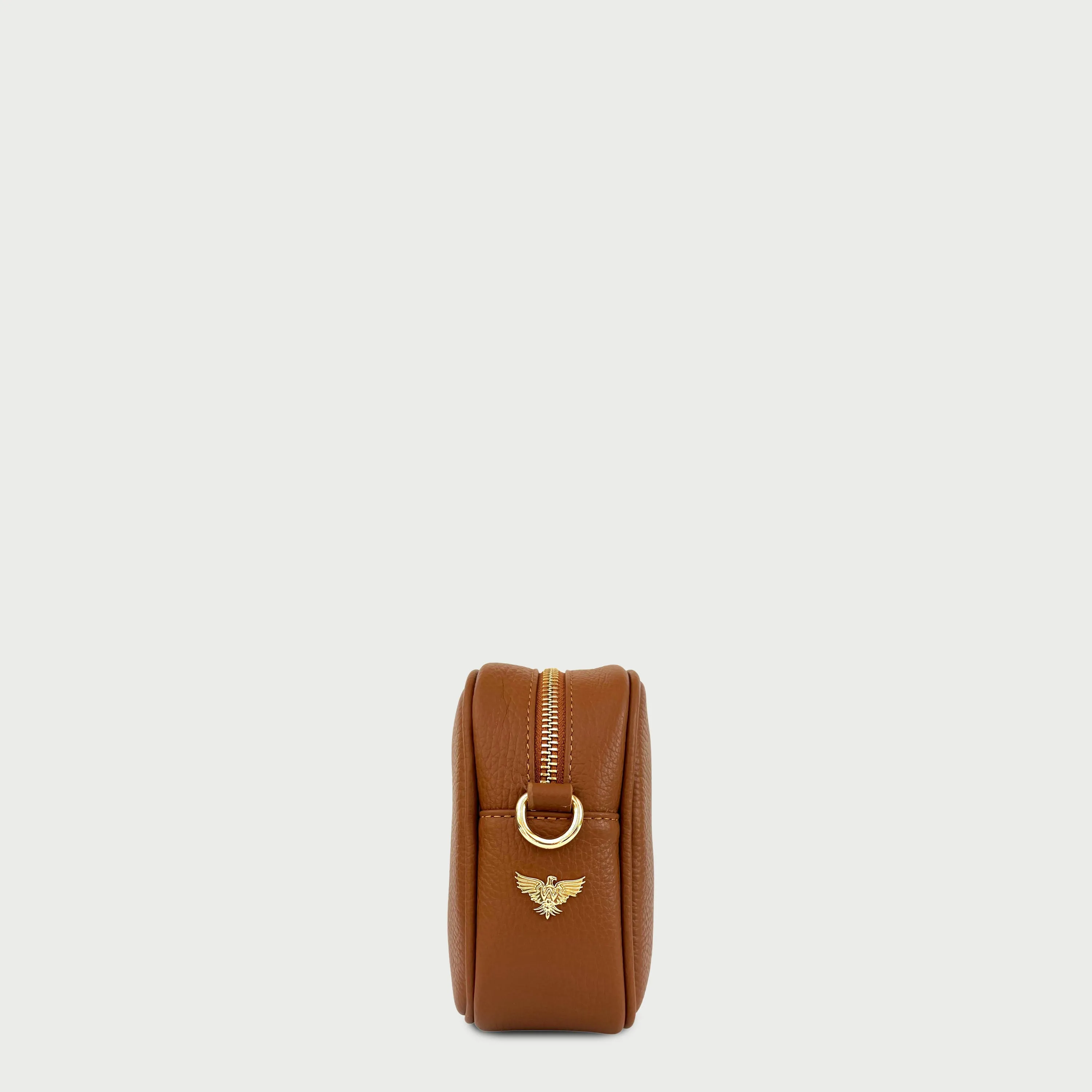 Tan Leather Crossbody Bag With Orange & Tan Check Strap