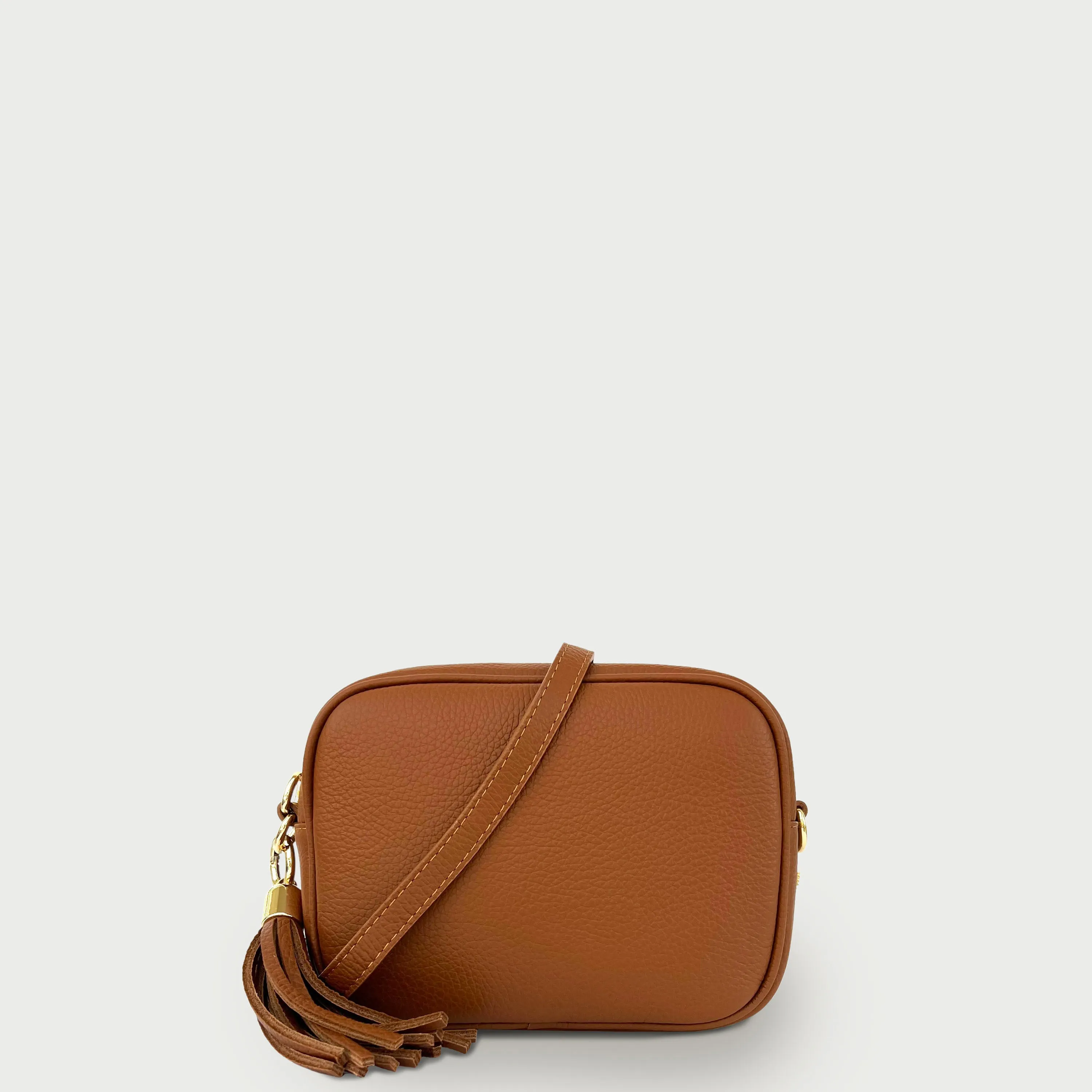Tan Leather Crossbody Bag With Orange & Tan Check Strap