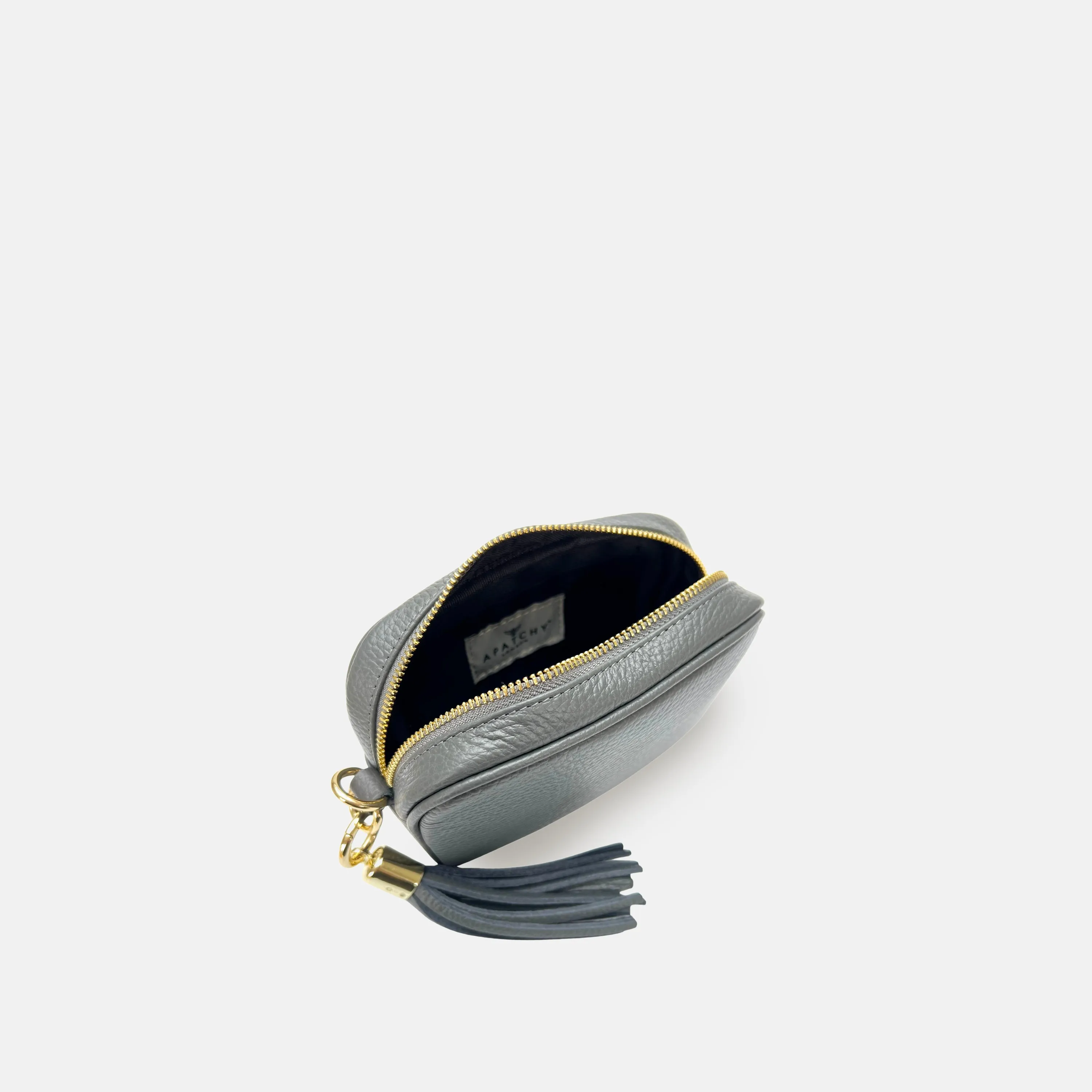 The Mini Tassel Dark Grey Leather Phone Bag With Gold Chain Crossbody Strap