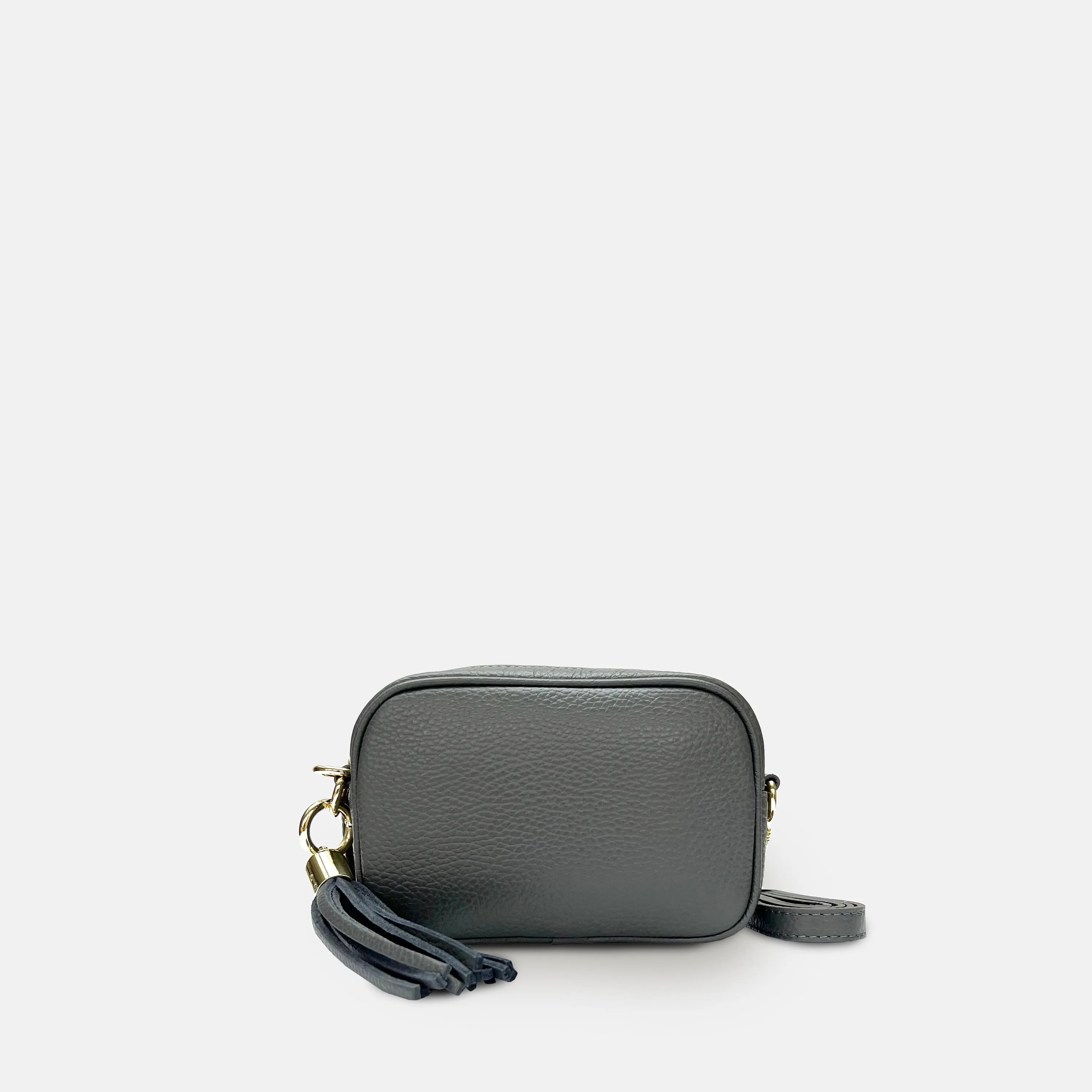 The Mini Tassel Dark Grey Leather Phone Bag With Gold Chain Crossbody Strap