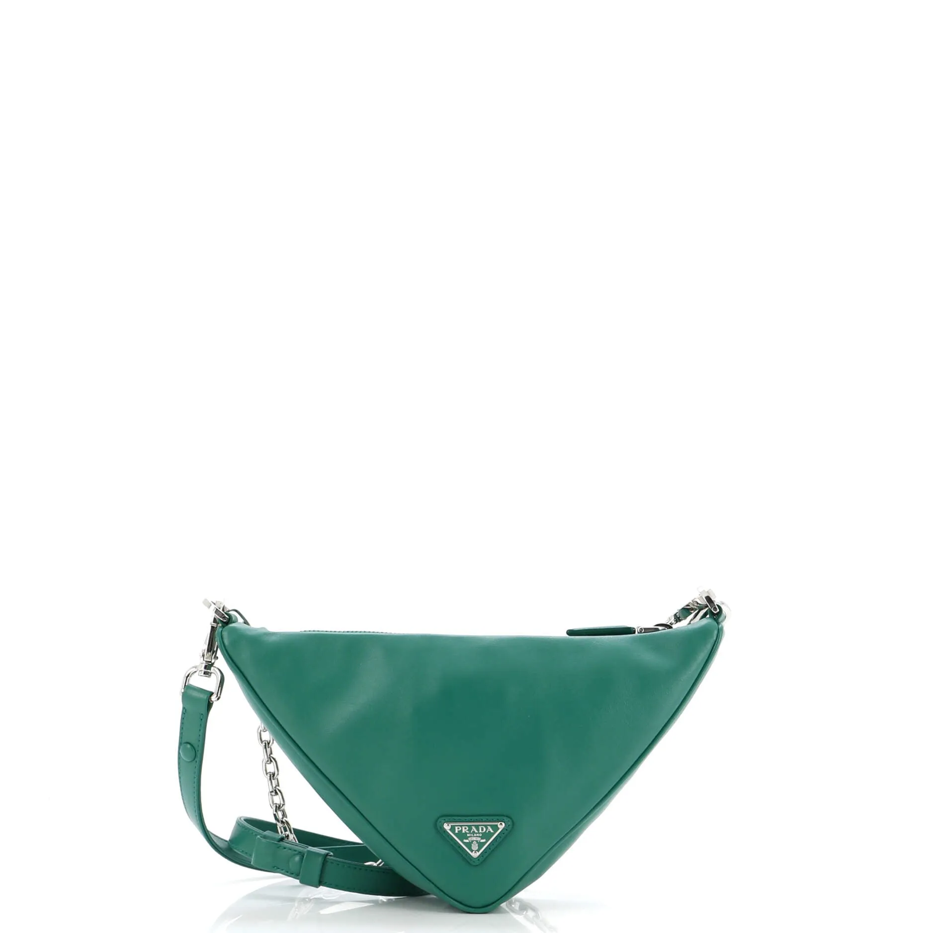 Triangle Logo Zip Chain Crossbody Bag Embossed Leather Small