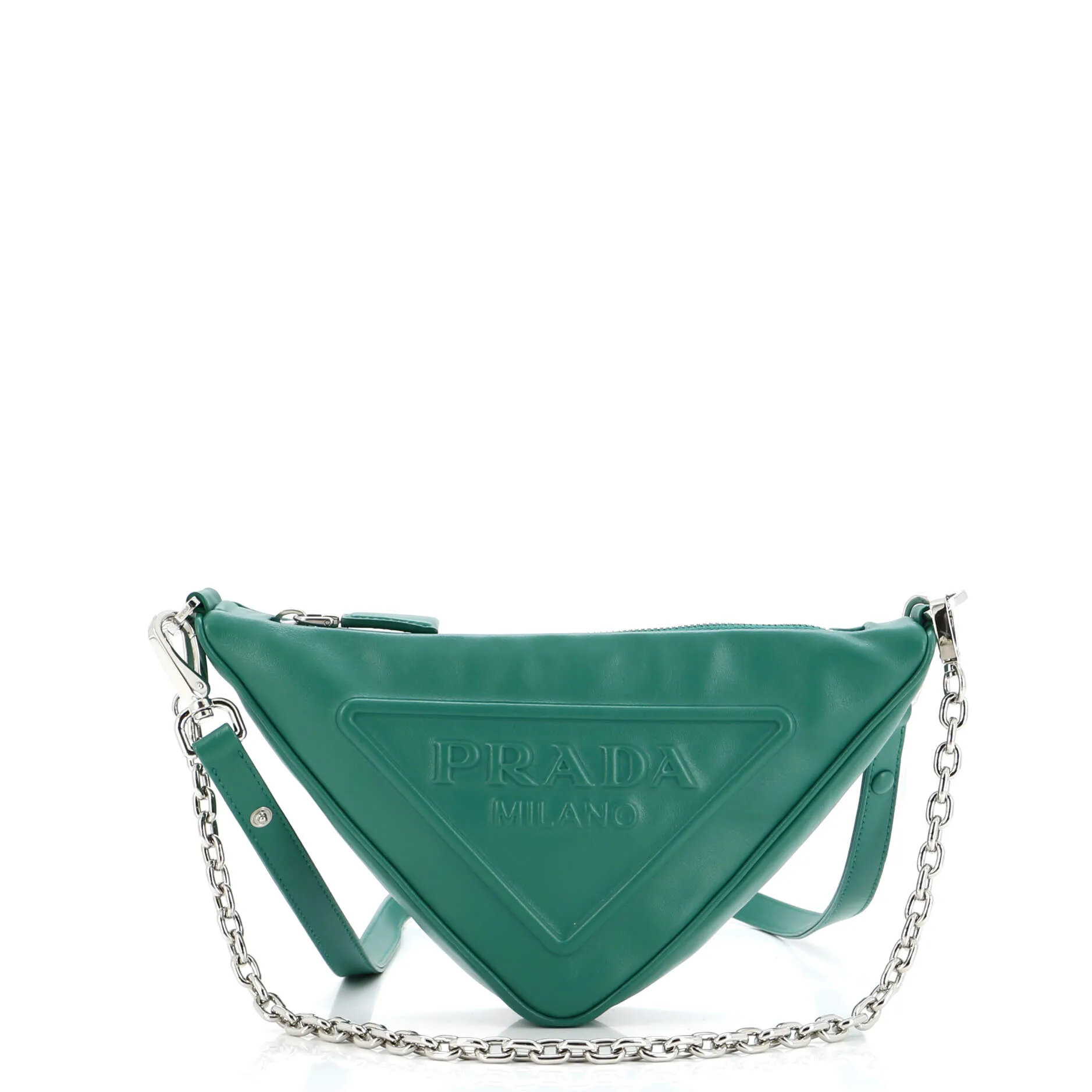 Triangle Logo Zip Chain Crossbody Bag Embossed Leather Small