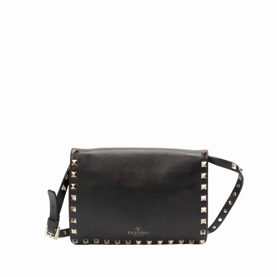 Valentino Black Leather Rockstud Flap Crossbody Bag