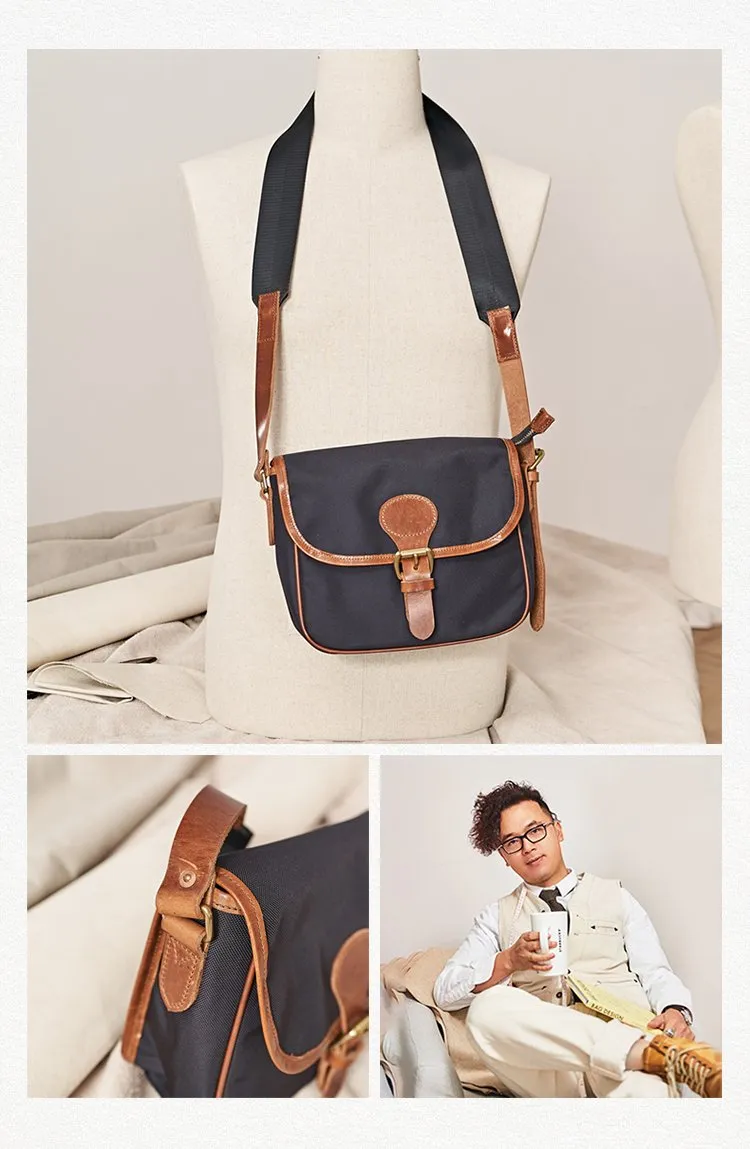 Vintage Black Nylon Leather Mens Small Messenger Bag Courier Bag Postman Bag for Men
