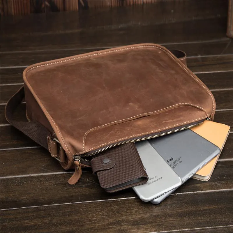 Vintage Brown Leather Men's Side Bag Coffee Courier Bag Messenger Bag For Men
