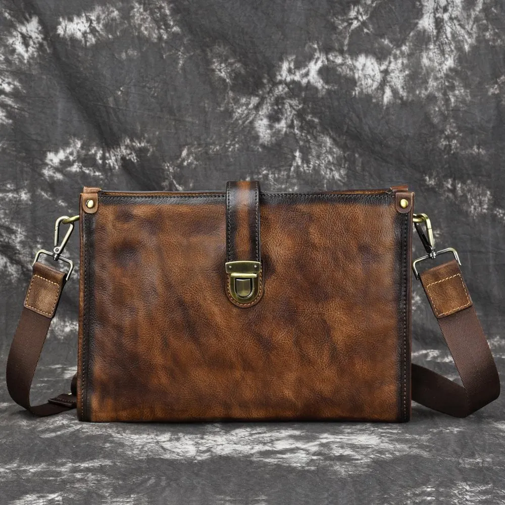 Vintage Brown Leather Men's Side Bag Messenger Bag 10'' Courier Shoulder Bag For Men