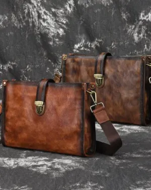 Vintage Brown Leather Men's Side Bag Messenger Bag 10'' Courier Shoulder Bag For Men