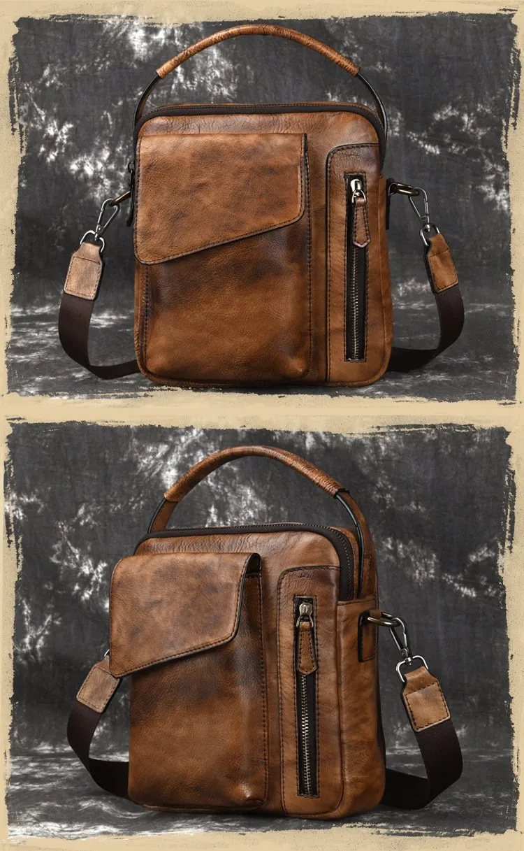 Vintage Brown Leather Men's Small Side Bag Vertical Business Messenger Bag Courier Bag For Men