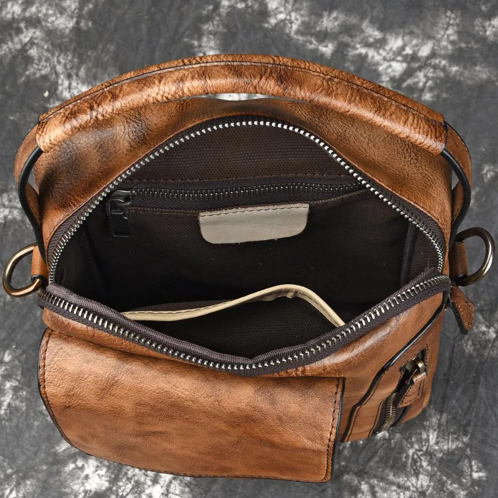 Vintage Brown Leather Men's Small Side Bag Vertical Business Messenger Bag Courier Bag For Men