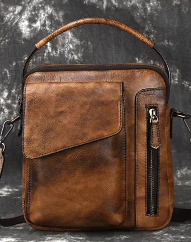 Vintage Brown Leather Men's Small Side Bag Vertical Business Messenger Bag Courier Bag For Men
