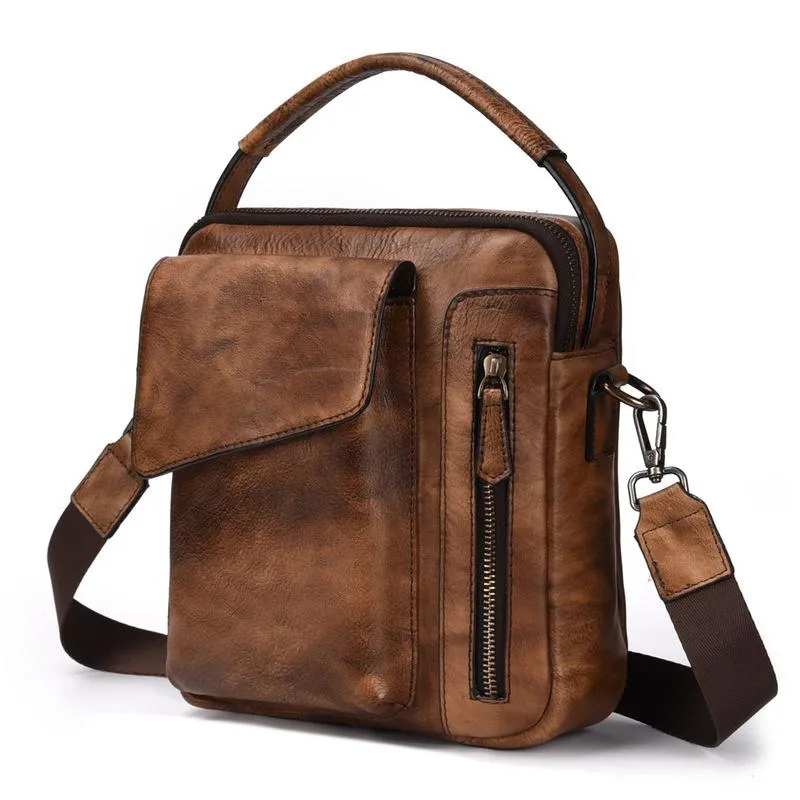 Vintage Brown Leather Men's Small Side Bag Vertical Business Messenger Bag Courier Bag For Men