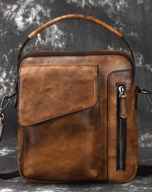 Vintage Brown Leather Men's Small Side Bag Vertical Business Messenger Bag Courier Bag For Men