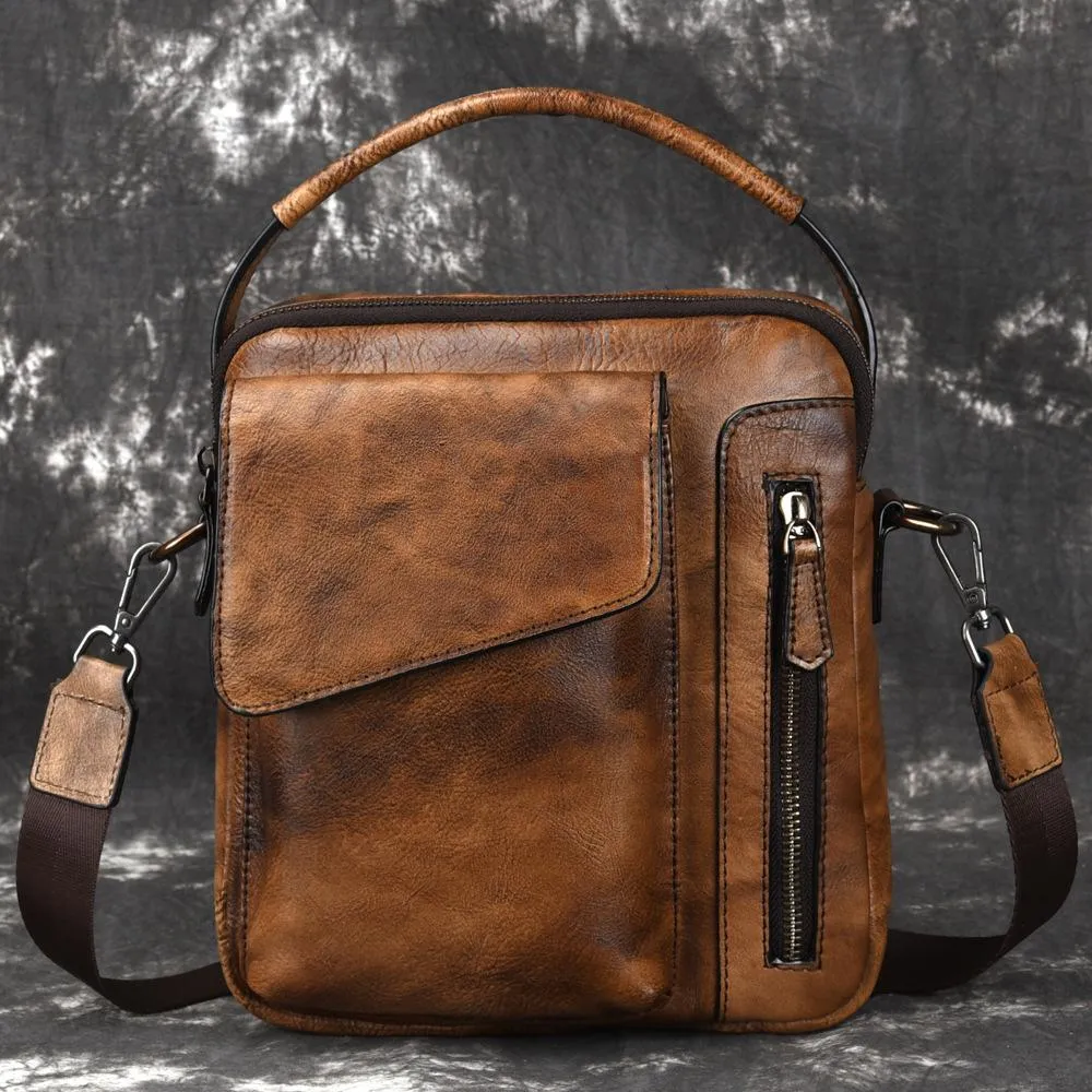 Vintage Brown Leather Men's Small Side Bag Vertical Business Messenger Bag Courier Bag For Men