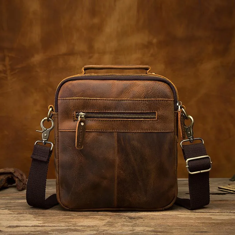 Vintage Brown Leather Mens Small Vertical Messenger Bag Side Bag Courier Bag Handbag For Men