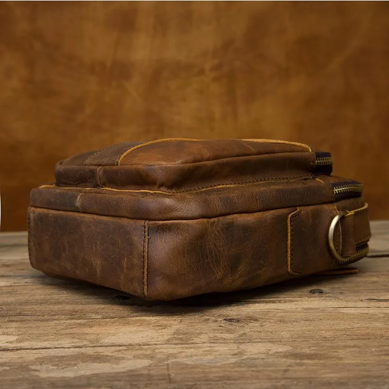 Vintage Brown Leather Mens Small Vertical Messenger Bag Side Bag Courier Bag Handbag For Men