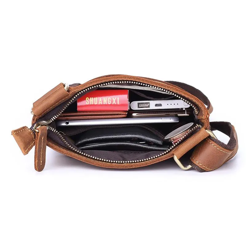Vintage Brown Leather Men's Small Vertical Side Bag Small Messenger Bag For Men