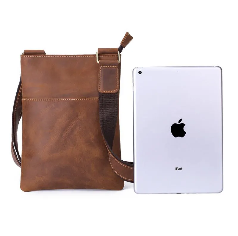 Vintage Brown Leather Men's Small Vertical Side Bag Small Messenger Bag For Men