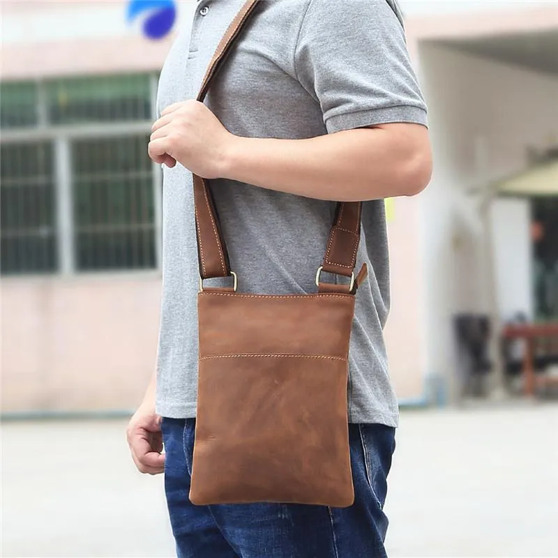 Vintage Brown Leather Men's Small Vertical Side Bag Small Messenger Bag For Men