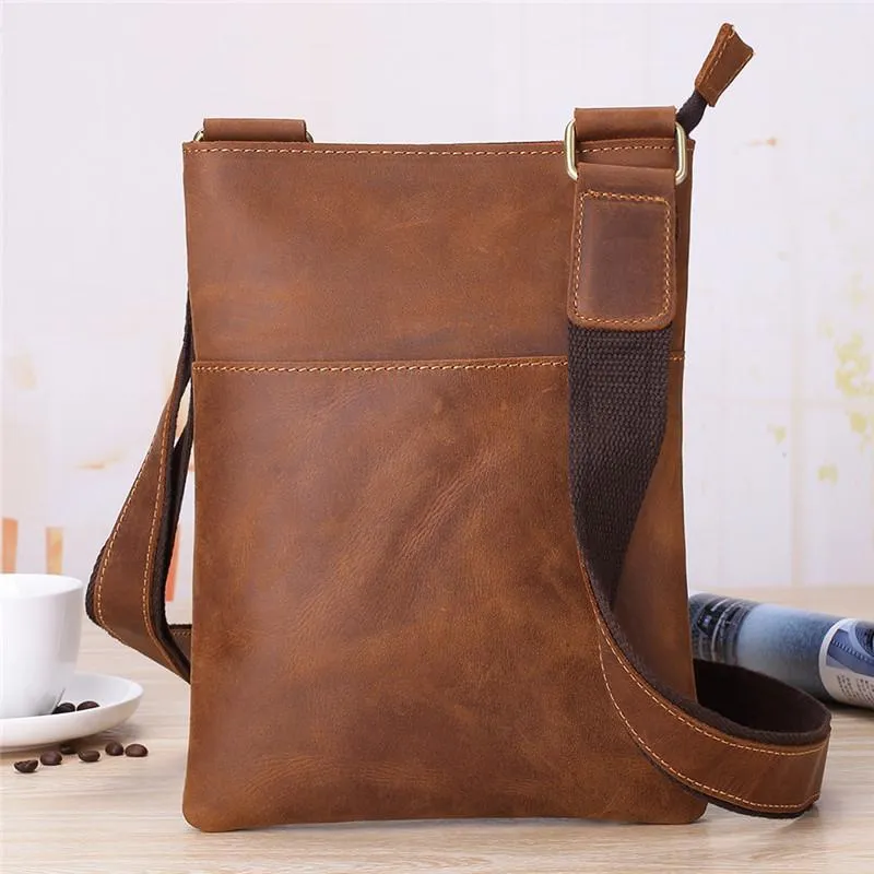 Vintage Brown Leather Men's Small Vertical Side Bag Small Messenger Bag For Men