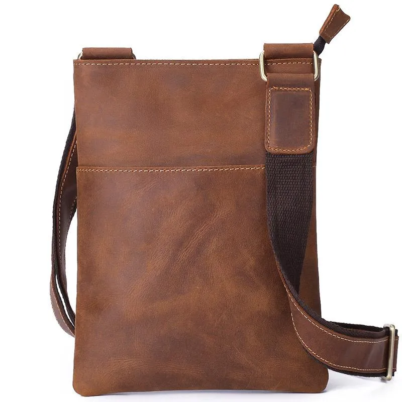 Vintage Brown Leather Men's Small Vertical Side Bag Small Messenger Bag For Men