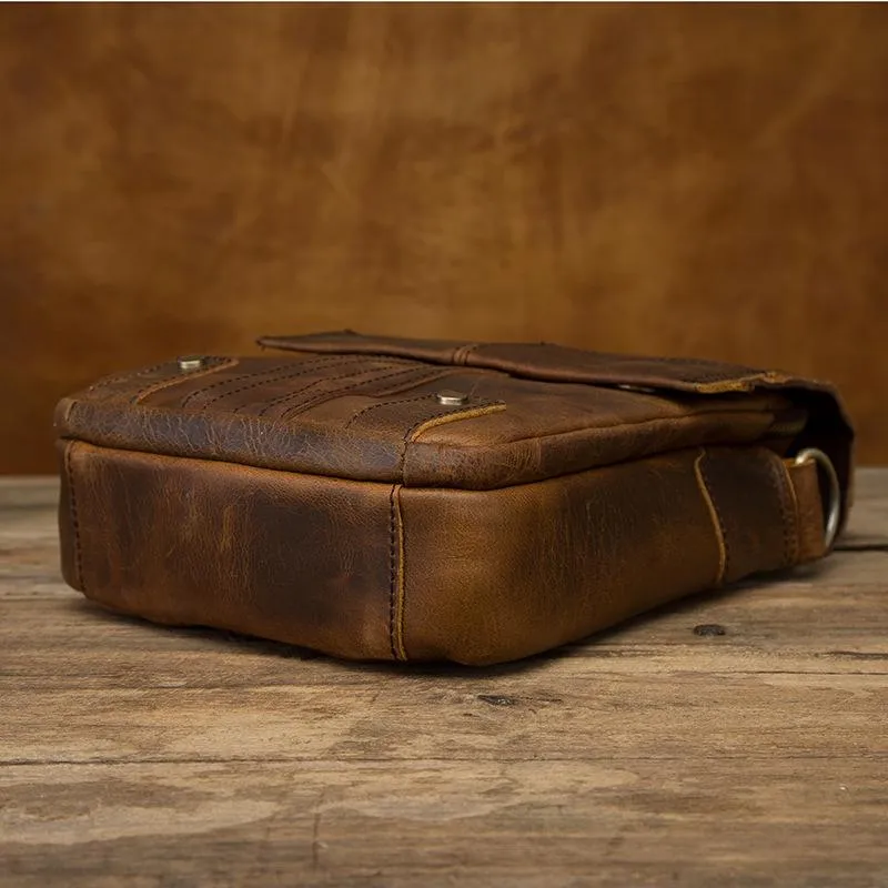 Vintage Brown Leather Mens Small Vertical Side Bags Courier Bag Messenger Bag For Men