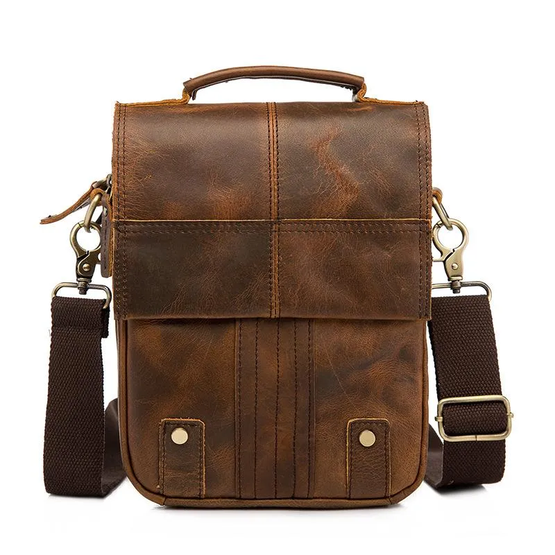 Vintage Brown Leather Mens Small Vertical Side Bags Courier Bag Messenger Bag For Men