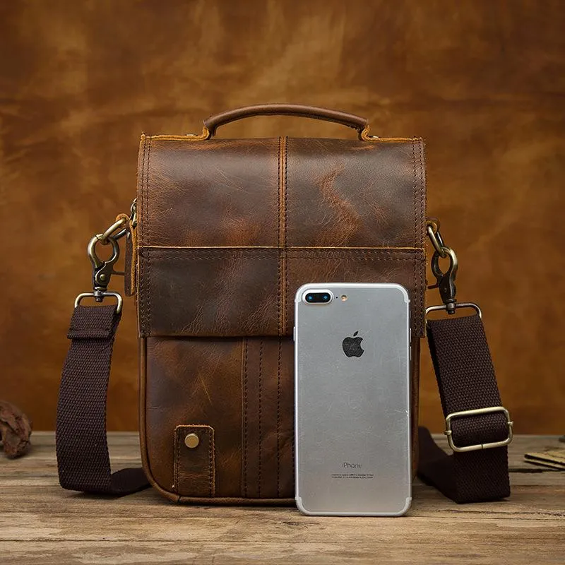 Vintage Brown Leather Mens Small Vertical Side Bags Courier Bag Messenger Bag For Men