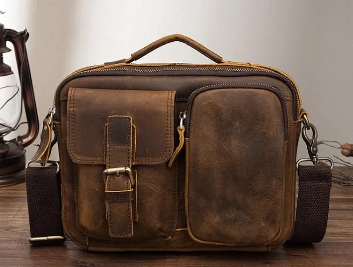 Vintage Brown Leather Small Messenger Bag Small Side Bag Shoulder Bag For Men