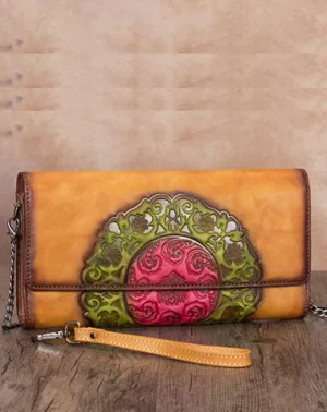 Vintage Floral Tan Leather Wristlet Wallet Womens Floral Shoulder Wallet Purse Zip Purse Chain Shoulder Bag for Women