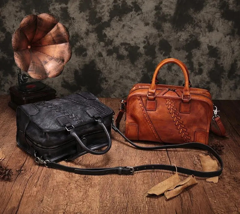 Vintage Ladies Black Leather Handbags Shoulder Purse Brown Work Handbag Purse for Women