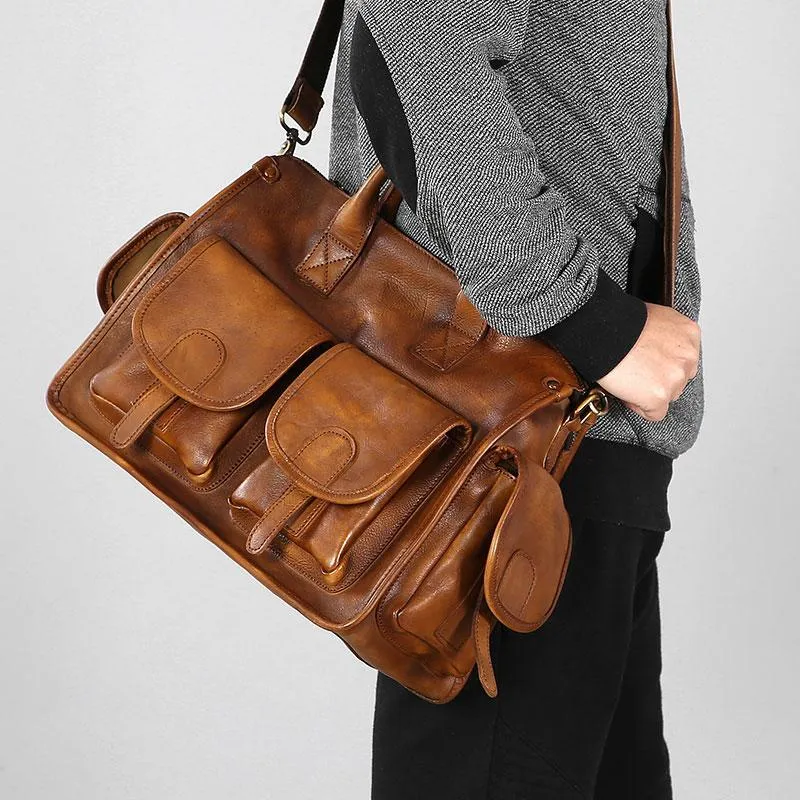 Vintage Leather Brown Mens Travel Bags Messenger Bag Shoulder Bag for Men