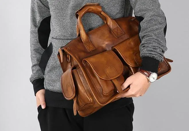 Vintage Leather Brown Mens Travel Bags Messenger Bag Shoulder Bag for Men