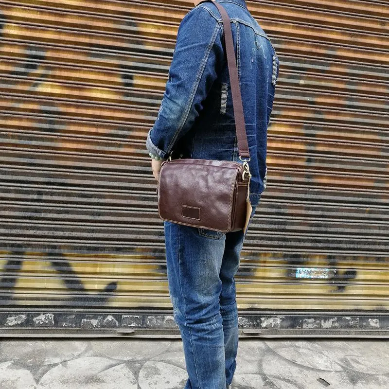 Vintage Leather Mens Dark Brown Small Messenger Bag Shoulder Bags Side Bag for Men