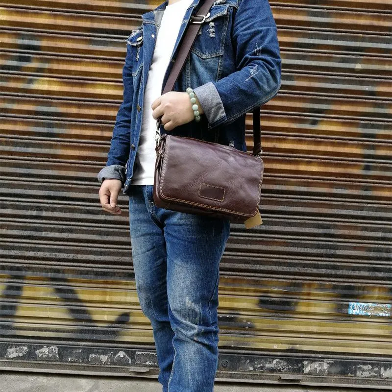 Vintage Leather Mens Dark Brown Small Messenger Bag Shoulder Bags Side Bag for Men