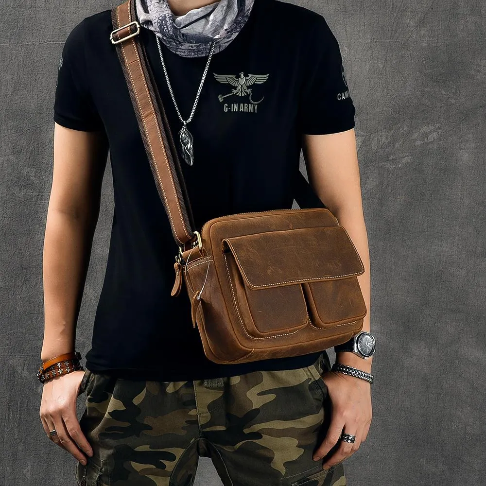 Vintage Leather Mens Small 10" Brown Postman Bag Messenger Bag Small Side Bag For Men