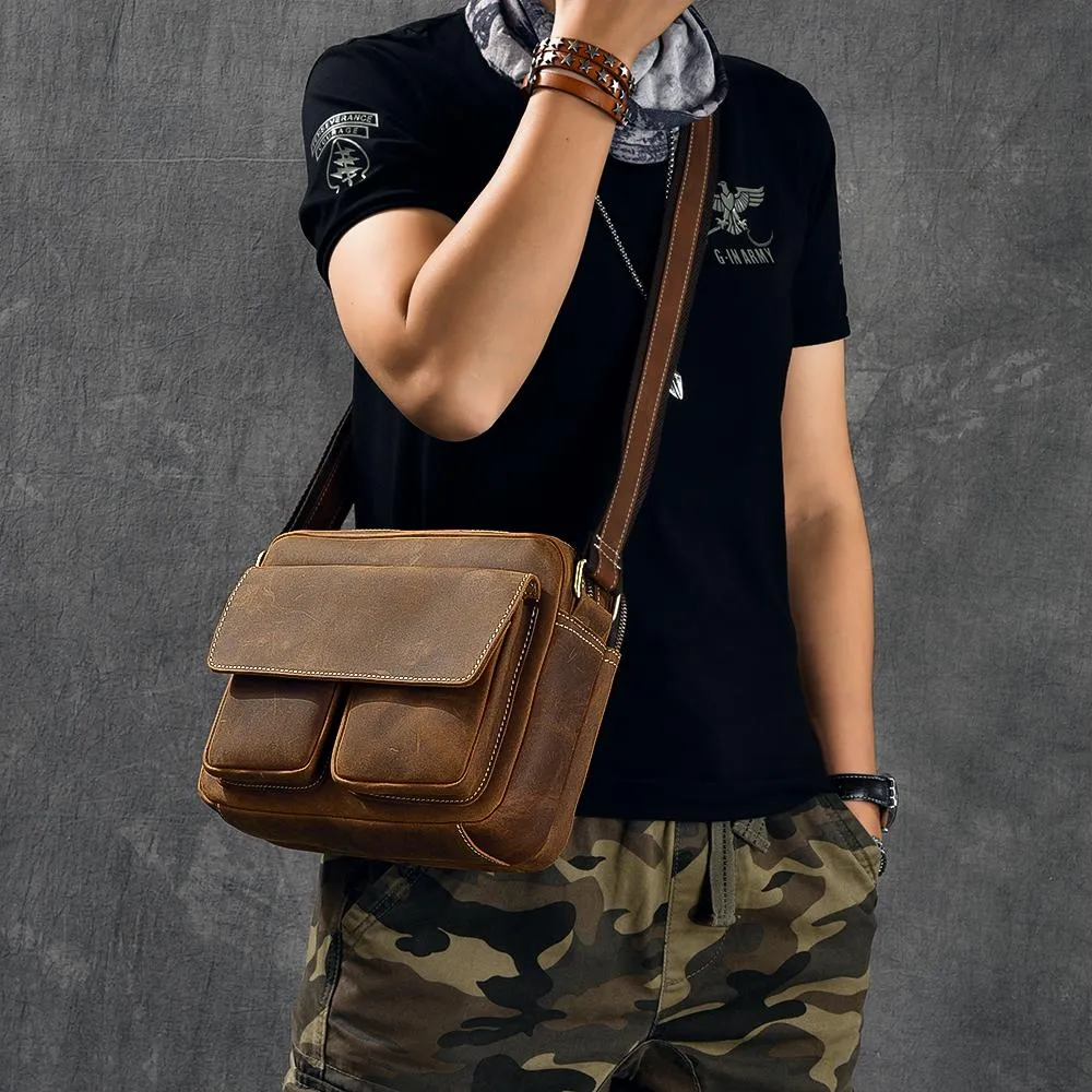 Vintage Leather Mens Small 10" Brown Postman Bag Messenger Bag Small Side Bag For Men