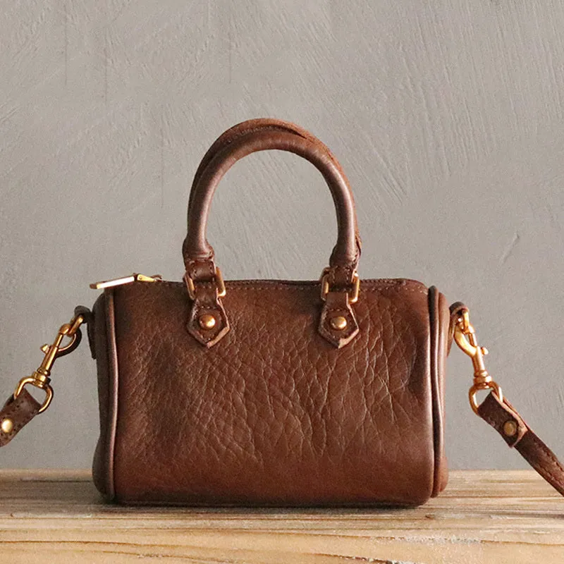Vintage LEATHER WOMEN Mini Boston Handbag Purse SHOULDER BAG Purses FOR WOMEN
