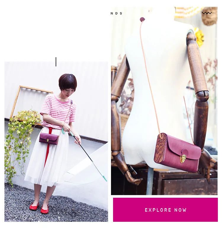 Vintage LEATHER Wooden WOMEN Small Cell Phone SHOULDER BAG Crossbody Purse FOR WOMEN