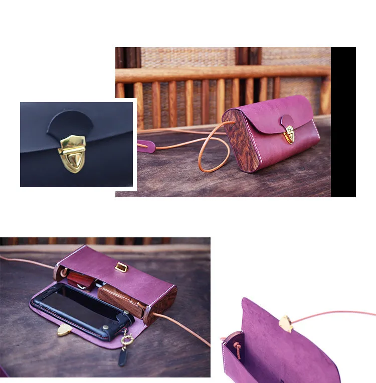 Vintage LEATHER Wooden WOMEN Small Cell Phone SHOULDER BAG Crossbody Purse FOR WOMEN