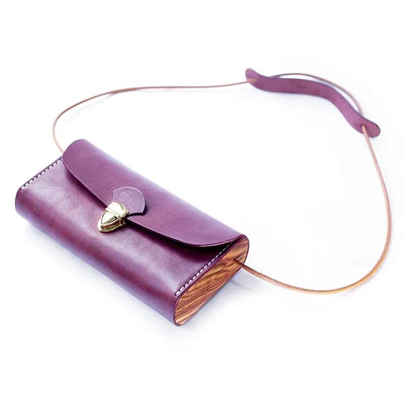 Vintage LEATHER Wooden WOMEN Small Cell Phone SHOULDER BAG Crossbody Purse FOR WOMEN