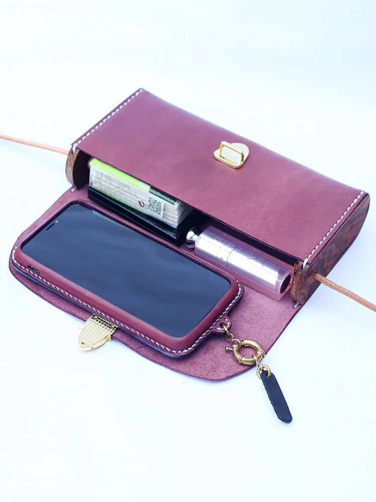 Vintage LEATHER Wooden WOMEN Small Cell Phone SHOULDER BAG Crossbody Purse FOR WOMEN