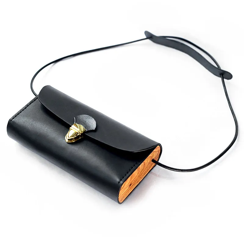 Vintage LEATHER Wooden WOMEN Small Cell Phone SHOULDER BAG Crossbody Purse FOR WOMEN