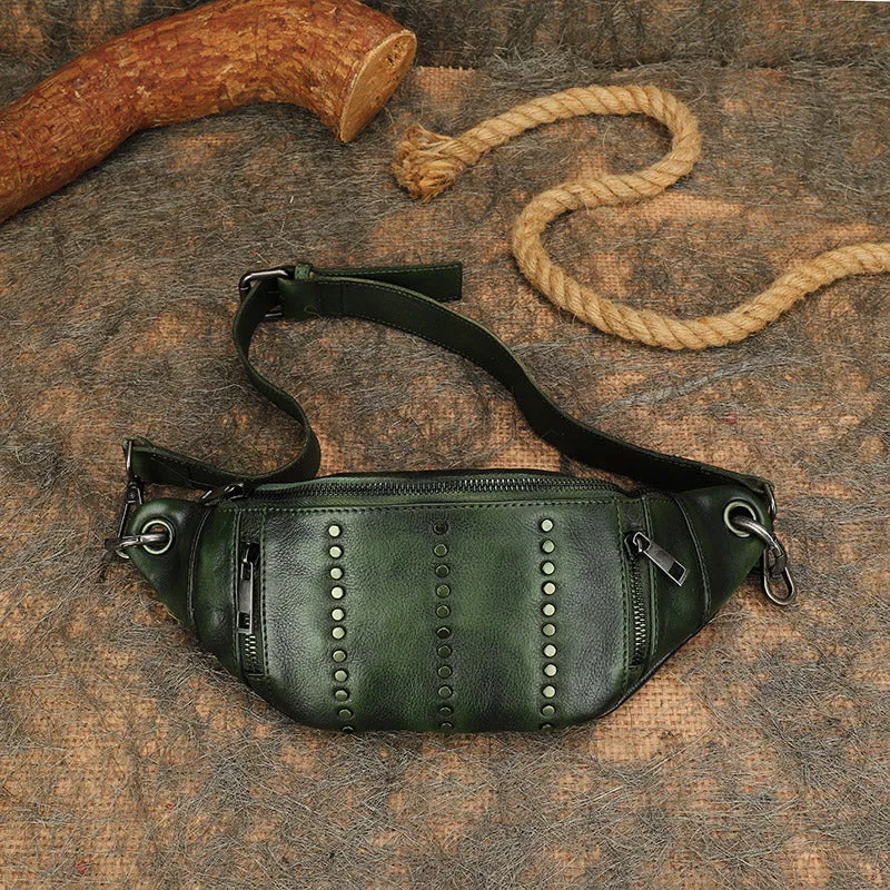 Vintage Women Brown Leather Rivet Waist Bag Fanny Pack Handmade Shoulder Rivet Hip Packs for Women