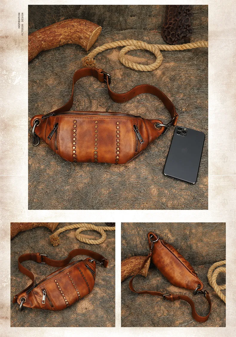 Vintage Women Brown Leather Rivet Waist Bag Fanny Pack Handmade Shoulder Rivet Hip Packs for Women