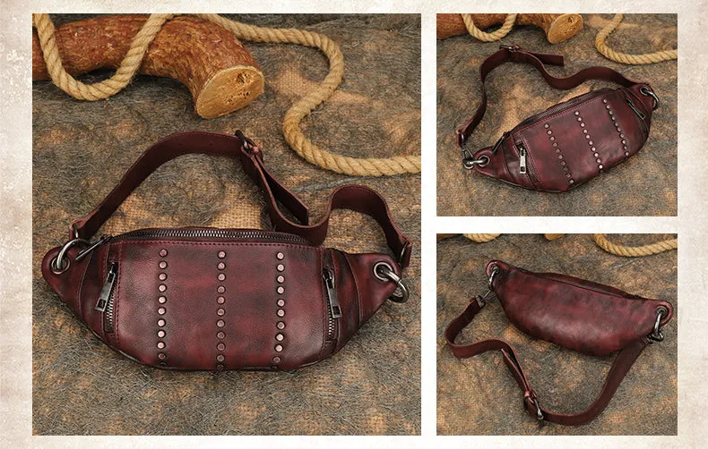 Vintage Women Brown Leather Rivet Waist Bag Fanny Pack Handmade Shoulder Rivet Hip Packs for Women
