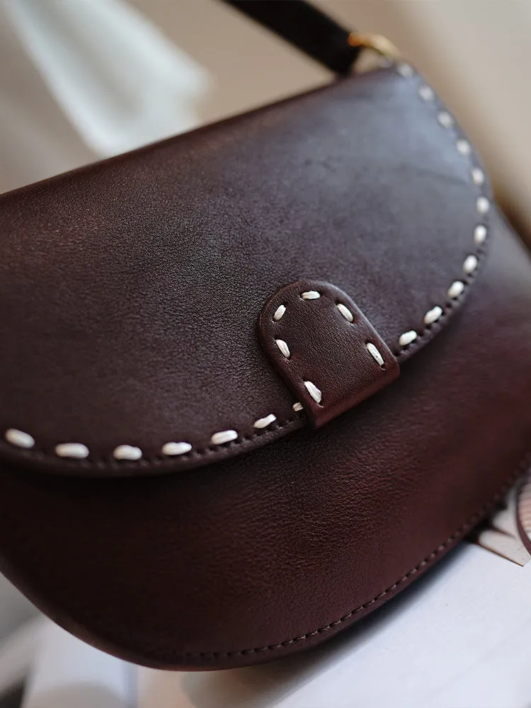 Vintage Womens Brown Leather Small Saddle Handbag Shoulder Bag Purse for Women