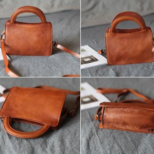 Vintage Womens Brown Leather Top Handle Satchel Small Handbag Black Leather Satchel Shoulder Bag