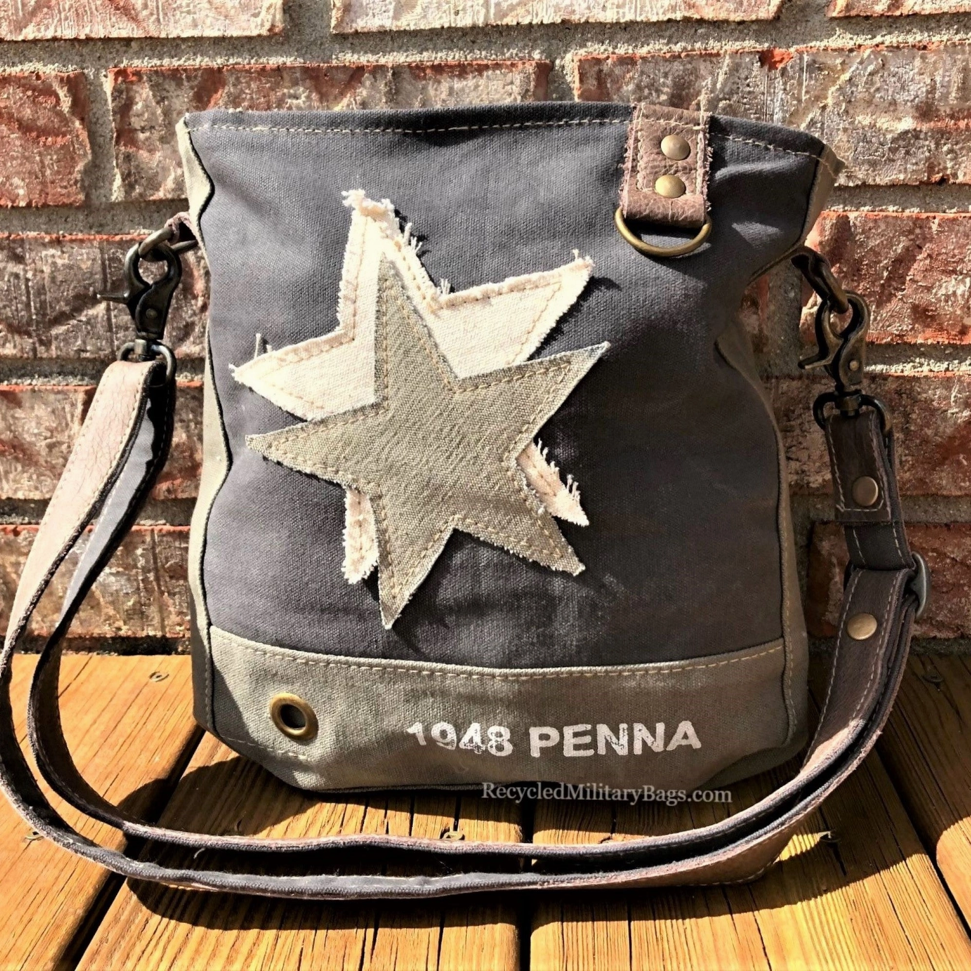 Vintage Double Star Sustainable Canvas Bag Crossbody Purse     Great Size Crossbody!